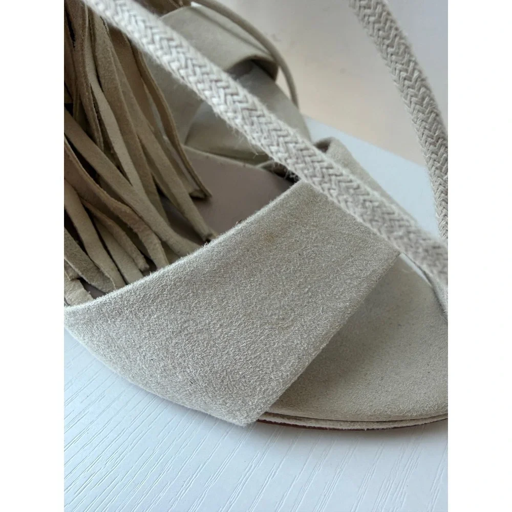Zara Beige Faux Suede Fringe Lace Up Tassel Stiletto Heeled Sandals Size 8  NWT